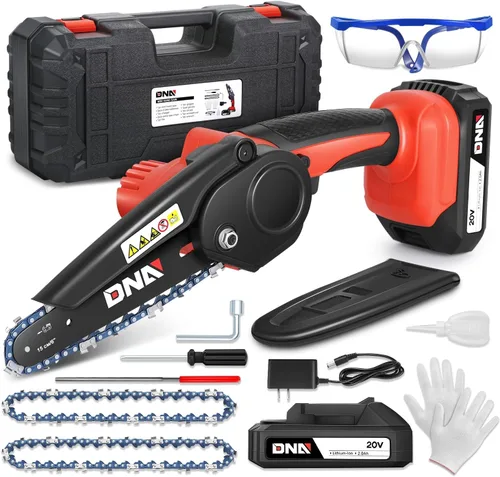 Vista 8 de DNA MOTORING Mini motosierra, motosierra eléctrica de 6 pulgadas, motosierra de mano inalámbrica con 2 baterías de 20 V y 2000 mAh, motosierra