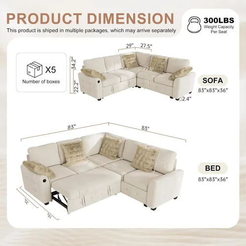 Vista 2 de Hanherry - Sofá seccional con sofá cama extraíble, sofá cama de chenilla con 2 asientos de almacenamiento y carga USB, cómodos sofás modulares