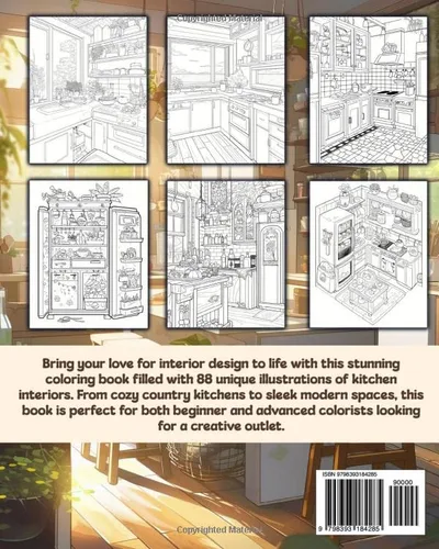 Vista 2 de Home Sweet Home A Coloring Book of Kitchen Interiors for Adult Relaxation and Stress Relief Features Wonderful different style of room.