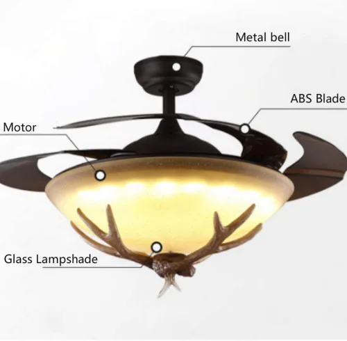 Vista 5 de Ventilador de techo reversible invisible de 42 pulgadas con luces LED y control remoto, 4 aspas retráctiles para sala de estar, kits de luces
