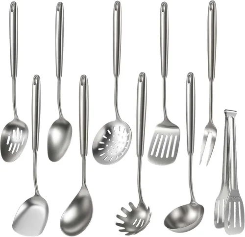 Vista 20 de Newness - Juego de utensilios de cocina de acero inoxidable 304, accesorios de cocina de metal, incluye cucharón de sopa, cuchara ranurada, cuchara