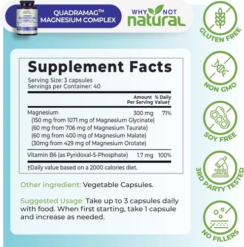 Vista 4 de Suplemento Complejo de Magnesio 4 en 1 - Mezcla de glicinato, taurato, malato y orotato - 300 mg por porción, 120 cápsulas