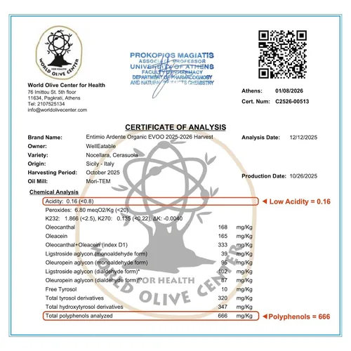 Vista 3 de Entimio Ardente Aceite de oliva virgen extra italiano orgánico de Italia, más de 600 mg/kg alto en polifenoles, ganador del oro 2025, evoo