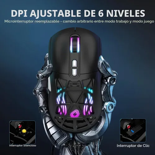 Vista 4 de FD Mouse inalámbrico para juegos, mouse macro programable RGB recargable, 10000 DPI, trimodo 2.4 GHz/BT 5.0 con cable, batería integrada de 3.7 V