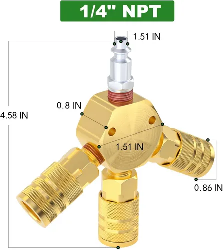 Vista 2 de TAISHER 2Pcs 3-Way 1/4 Inch NPT Hex Style Air Manifold with 3 Pieces Brass Industrial Coupler and Plug, Air Compressor Hose Accessories Quick