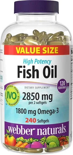 Vista 10 de Webber Naturals Aceite de pescado de 2850 mg, alta potencia, 1,800 mg de omega-3 por porción, 120 cápsulas blandas entéricas transparentes, sin