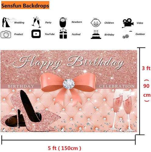 Vista 5 de Sensfun Cartel de fondo de feliz cumpleaños de oro rosa para mujer, decoraciones de fiesta de cumpleaños con purpurina, tacones rosados con lazo