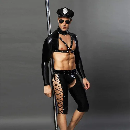 Vista 2 de Z-DJJ - Disfraz de uniforme de policía para hombre, disfraz de uniforme de poli de Halloween con vendaje, disfraz de policía de mascarada, ropa