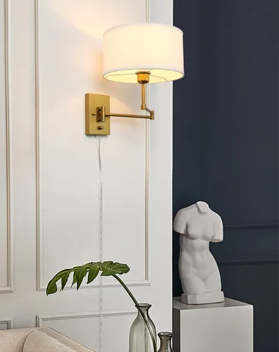 Vista 4 de Aplique de pared con cable enchufable de tela vintage, lámpara de pared con brazo oscilante para interiores con interruptor de encendido/apagado