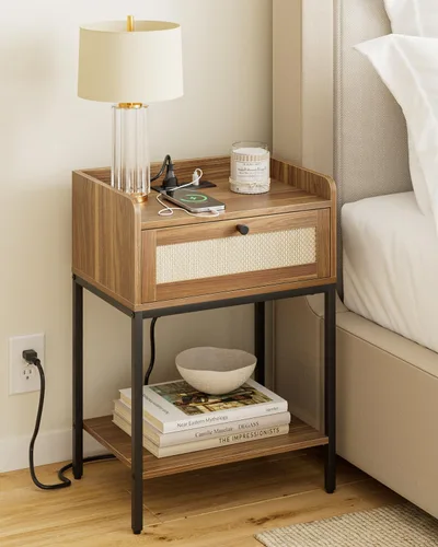 Vista 17 de Mesita de noche, mesita de noche moderna de 3 niveles, mesita de noche con cajón de almacenamiento y estante, mesa auxiliar pequeña para dormitorio