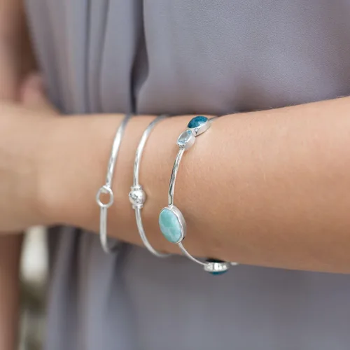 Vista 3 de Larimar, topacio azul, aguamarina teñida, piedra lunar arcoíris pulsera, Gema, larimar aguamarina
