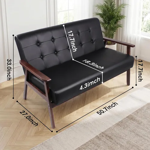 Vista 9 de 51" Black Faux Leather Mid Century Modern Loveseat for Living Room