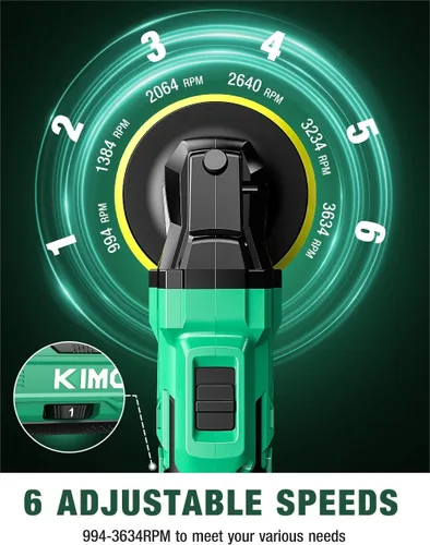 Vista 5 de KIMO Kit de Pulidora Inalámbrica para Coche 20V, Kit de Pulido de 25 Piezas, 6 Velocidades hasta 6000RPM / 2*Baterías de 2000mAh Pulidoras