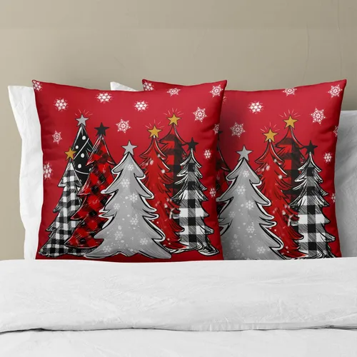 Vista 3 de Funda de almohada de Navidad 40.6 x 40.6 cm Árbol de Navidad rojo Funda de almohada de invierno Copo de nieve decorativo Juego de 2 fundas