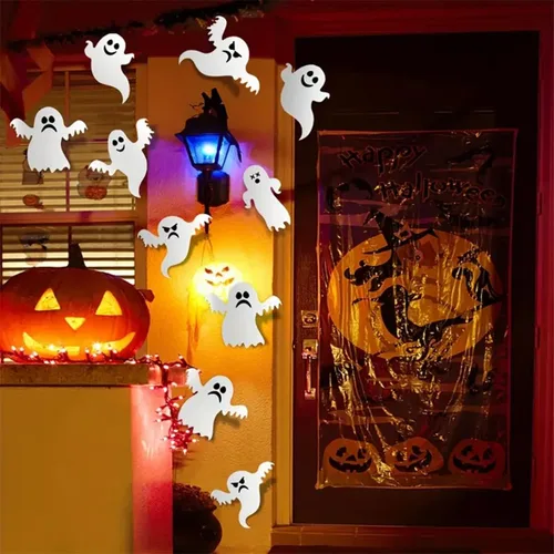 Vista 7 de 21 calcomanías 3D de fantasmas lindos – Calcomanías reutilizables autoadhesivas de pared de fantasma blanco – Suministros de fiesta de Halloween