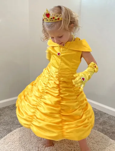 Vista 4 de Vestidos de princesa para niñas, disfraces de Halloween, cosplay, cumpleaños, color amarillo