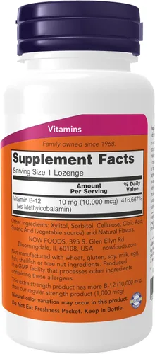 Vista 2 de NOW Suplementos, Metil B-12 (Metilcobalamina) 10,000 mcg, Salud del sistema nervioso*, 60 pastillas