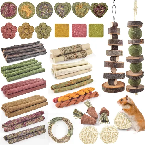 Vista 8 de ERKOON 42 juguetes masticables de conejo, pasteles de hierba de Timothy natural, juguetes de conejillo de indias, golosinas para moler dientes