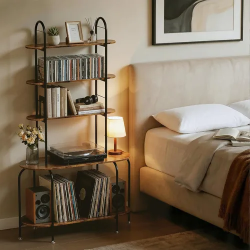 Vista 8 de Faesun Soporte para tocadiscos con almacenamiento, soporte giratorio de 5 niveles con estación de carga, almacenamiento de CD con tapones ajustables