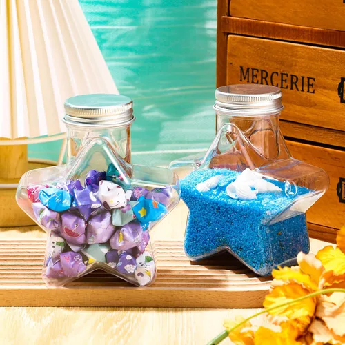 Vista 3 de Yinkin 30 Piezas Botellas de Arte de Arena en Forma de Estrella de 5.5 oz Botellas de Arena Transparentes de Plástico con Tapas Frascos de Dulces