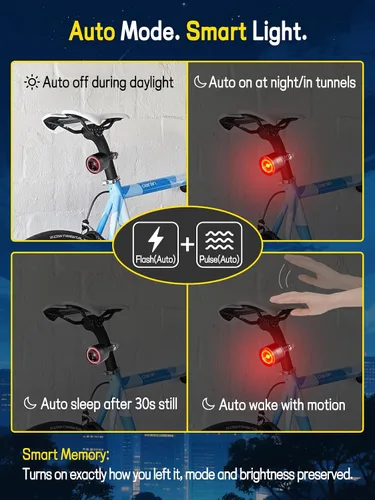 Vista 8 de Luz trasera de bicicleta de brillo variable, luz trasera de bicicleta con detección de freno, 800 mAh USB-C recargable, 4 modos de iluminación, IPX6