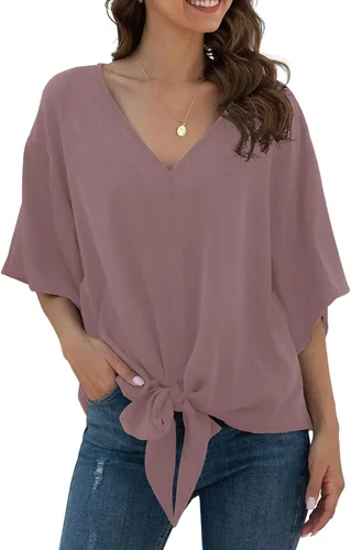 Vista 51 de VIISHOW Womens Tie Front Chiffon Blouses V Neck Batwing Short Sleeve Summer Tops Shirts Albaricoque