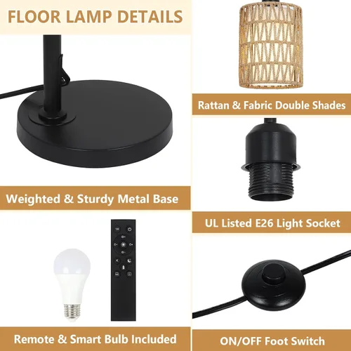 Vista 14 de LAMSU Lámpara de pie con control remoto, lámpara de pie de ratán regulable con bombilla LED, lámpara de poste alto industrial negra con pantallas