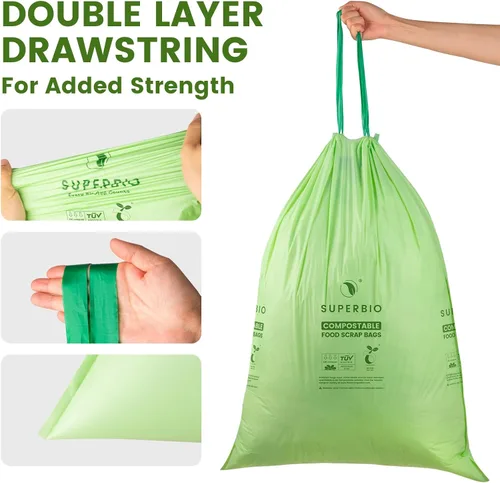 Vista 3 de SUPERBIO Bolsa de Basura de Cocina Compostable con Cordón de 13 Galones, 49.2 Litros, 30 Unidades, 1 Mil, Bolsas Resistentes para Desechos
