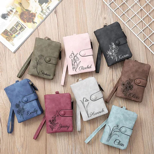 Vista 2 de Cartera personalizada con flor de nacimiento y nombre, pequeña cartera de cuero para mujeres, adolescentes, niñas, regalos personalizados