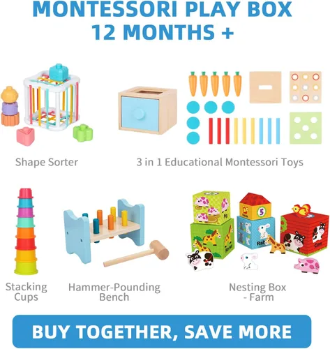 Vista 2 de OOOK Juguetes Montessori para niños de 1 año, kit educativo de aprendizaje 7 en 1 con cubo sensorial, caja de anidación, caja educativa 3 en 1