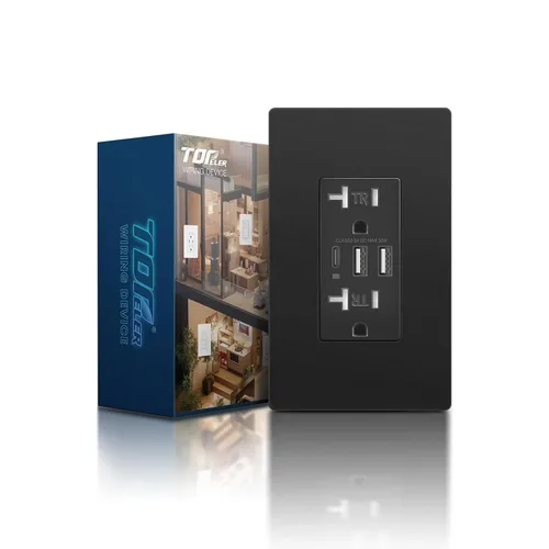 Vista 15 de TOPELER Toma de pared USB C negra, toma eléctrica de carga rápida de 30W 6.0Amp con 3 puertos USB (1*Tipo C y 2*Tipo A), receptáculo resistente a