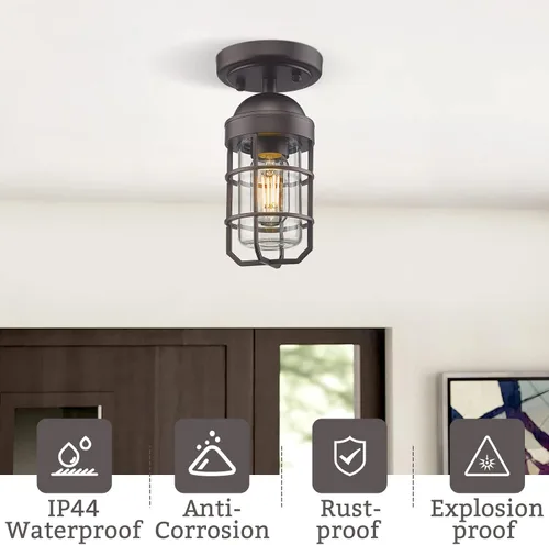 Vista 4 de Emliviar Lámpara de techo estilo granja, luz semiempotrada vintage para interior, luz de seguridad con vidrio templado transparente, acabado