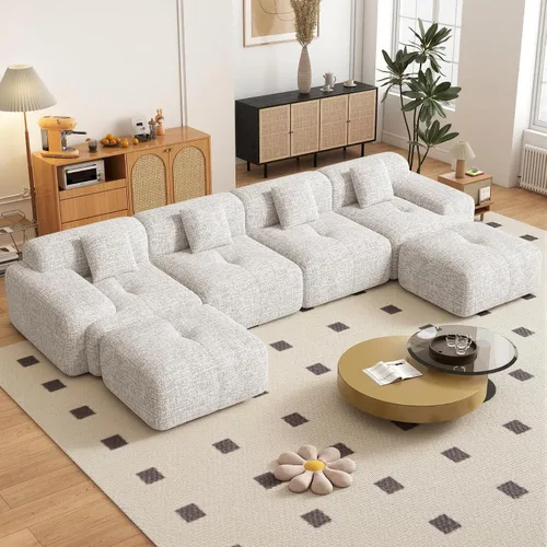 Vista 15 de Sofá modular convertible en forma de L de 122", sofá seccional tipo nube con otomán, sofás de chenilla sin estructura de 4 plazas para sala de Beige