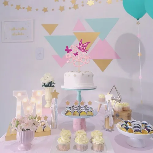 Vista 6 de 1 pieza de decoración de pastel de mariposa Oh Baby con purpurina para baby shower, mariposa para revelación de género, baby shower, fiesta