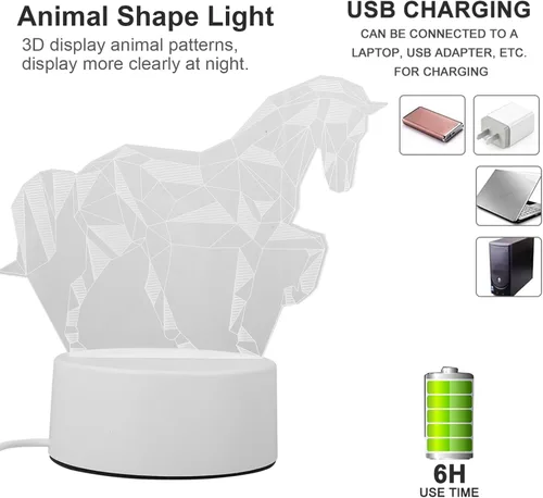 Vista 5 de Baluue Luz nocturna LED 3D, luz de ambiente de animales para niños, juguetes de cumpleaños, iluminación de ilusión visual USB para dormitorio, sala