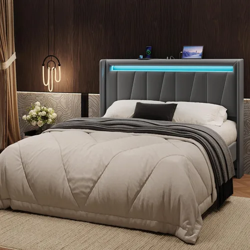 Vista 13 de SHA CERLIN - Base de cama tamaño King con estación de carga y luces LED, cama moderna de plataforma de terciopelo con cabecera tapizada geométrica