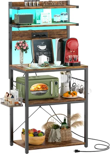 Vista 15 de Aheaplus - Estantería de cocina con toma de corriente, soporte para microondas, estación de café de 5 niveles con luces LED, estante