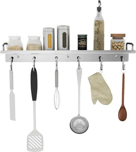 Vista 9 de Audmore Estante para utensilios de cocina, estante de especias con ganchos para montaje en pared, estante sobre la estufa, acero inoxidable, estante