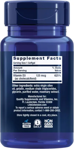Vista 2 de Life Extension Vitamina D3 125 mcg (5000 UI), salud ósea, rendimiento cerebral, apoyo del sistema inmunológico, sin gluten, sin OMG, una vez al día