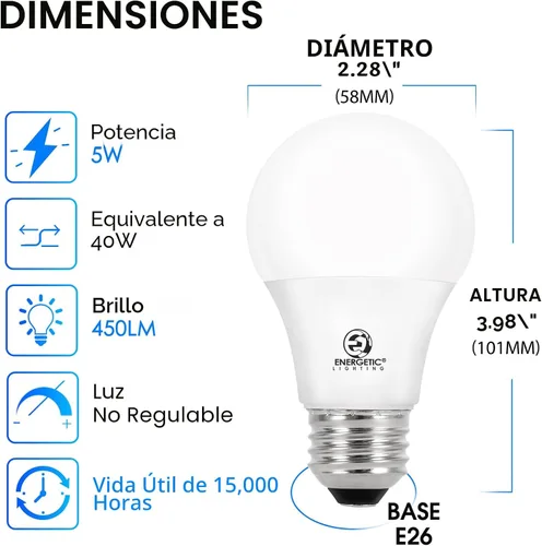 Vista 2 de ENERGETIC SMARTER LIGHTING Bombilla LED A19 equivalente a 40 W, blanco suave 2700 K, certificación UL, base estándar E26, bombilla LED no regulable