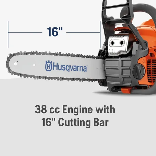 Vista 2 de Motosierra Husqvarna 130 a gasolina, 38 cc 2 HP, motor X-Torq 2 tiempos, motosierra de 16 pulgadas con engrasador automático, para corte de madera