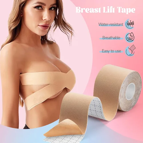 Vista 2 de PULIOU Cinta de pecho para mujer, cinta corporal para levantamiento de senos, 1 par de cubiertas reutilizables para pezones, 1 rollo de cinta