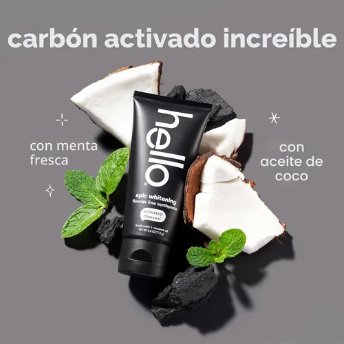 Vista 3 de hello Epic Whitening Pasta de Dientes de Carbón Sin Flúor, Pasta de Dientes de Carbón Activado con Aceite de Coco, Blanquea los Dientes