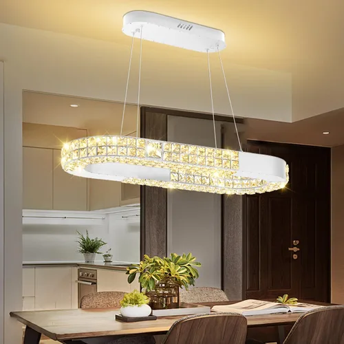 Vista 15 de Gran araña de anillo dorado moderna LED de 5 anillos de cristal para techos altos Vestíbulo Escalera de arañas D12''+20''+28''+35''+43'' Oro