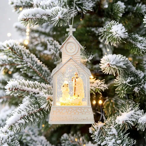 Vista 4 de Globo iluminado con purpurina para adornos de árbol de Navidad o decoración Iglesia de la Natividad