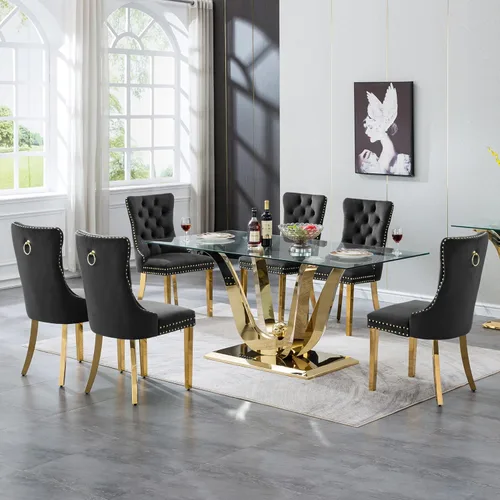 Vista 13 de Moderno juego de mesa de comedor de cristal de 5 piezas para 4, 70 pulgadas rectangular con 4 sillas copetudas de terciopelo beige, juego de mesa
