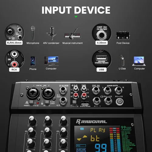 Vista 2 de Mezclador de interfaz de audio de 6 canales, tablero de sonido 99 DSP efectos digitales con interfaz Bluetooth USB Rac de 48 khz/24 bits como
