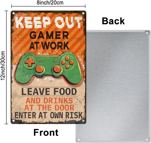 Vista 2 de Cartel de metal vintage de 8 x 12 pulgadas, letrero retro de hierro para habitación de jugadores, aspecto oxidado, mantener fuera gamer