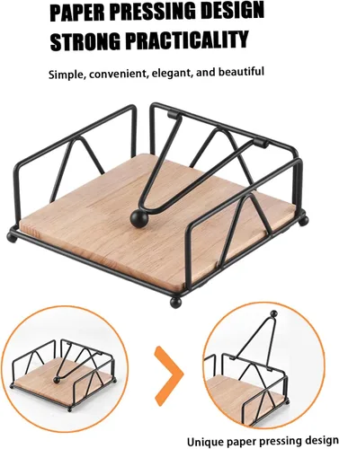 Vista 6 de Metal Napkin Holder with Weighted Tension Arm & Wooden Base, Rustic Dispenser for Table & Kitchen, Black