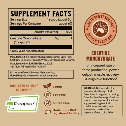 Vista 8 de Earth Fed Muscle Monohidrato de creatina en polvo, 10.58 oz, 60 porciones Creatina alemana Creapure para fuerza, potencia y crecimiento muscular